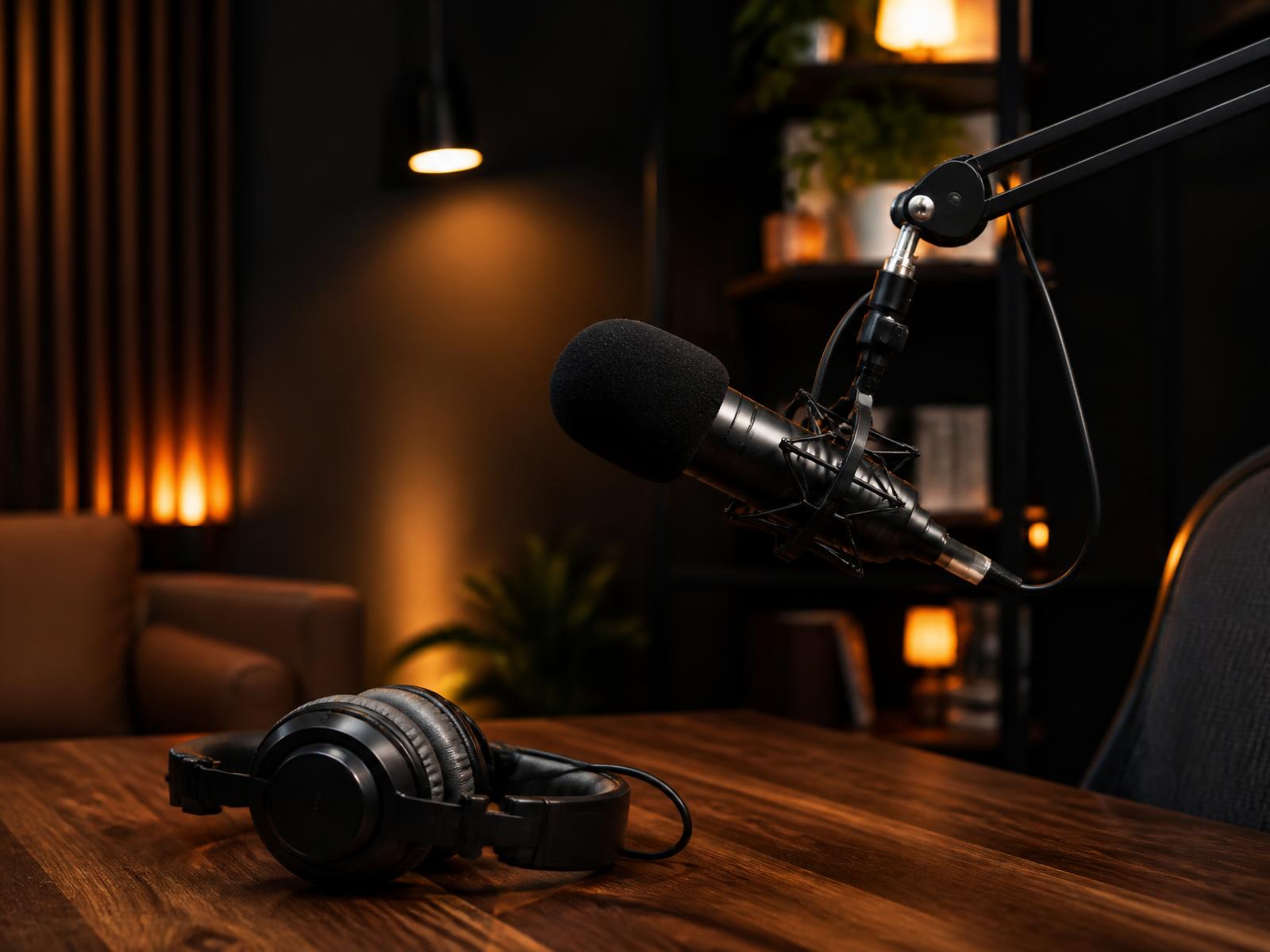 Podcast microphone and headphones in a warmly lit studio