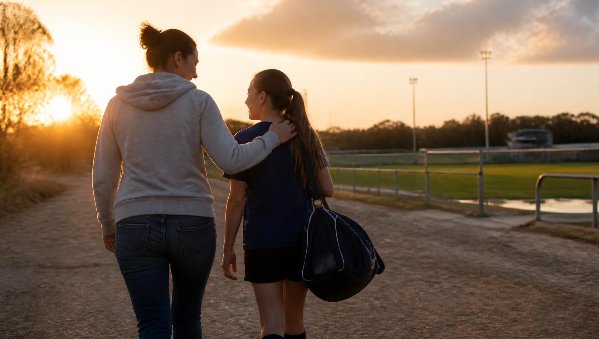 A parent walking with their child after training