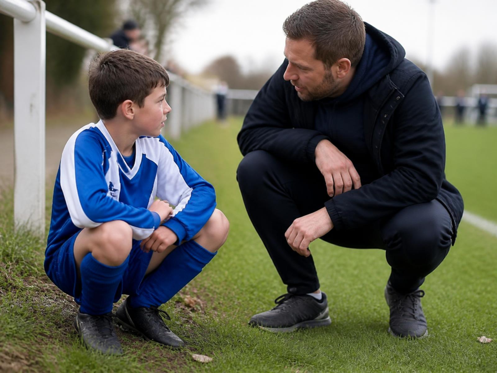 Mentor talking with a young footballer at the side of a pitch