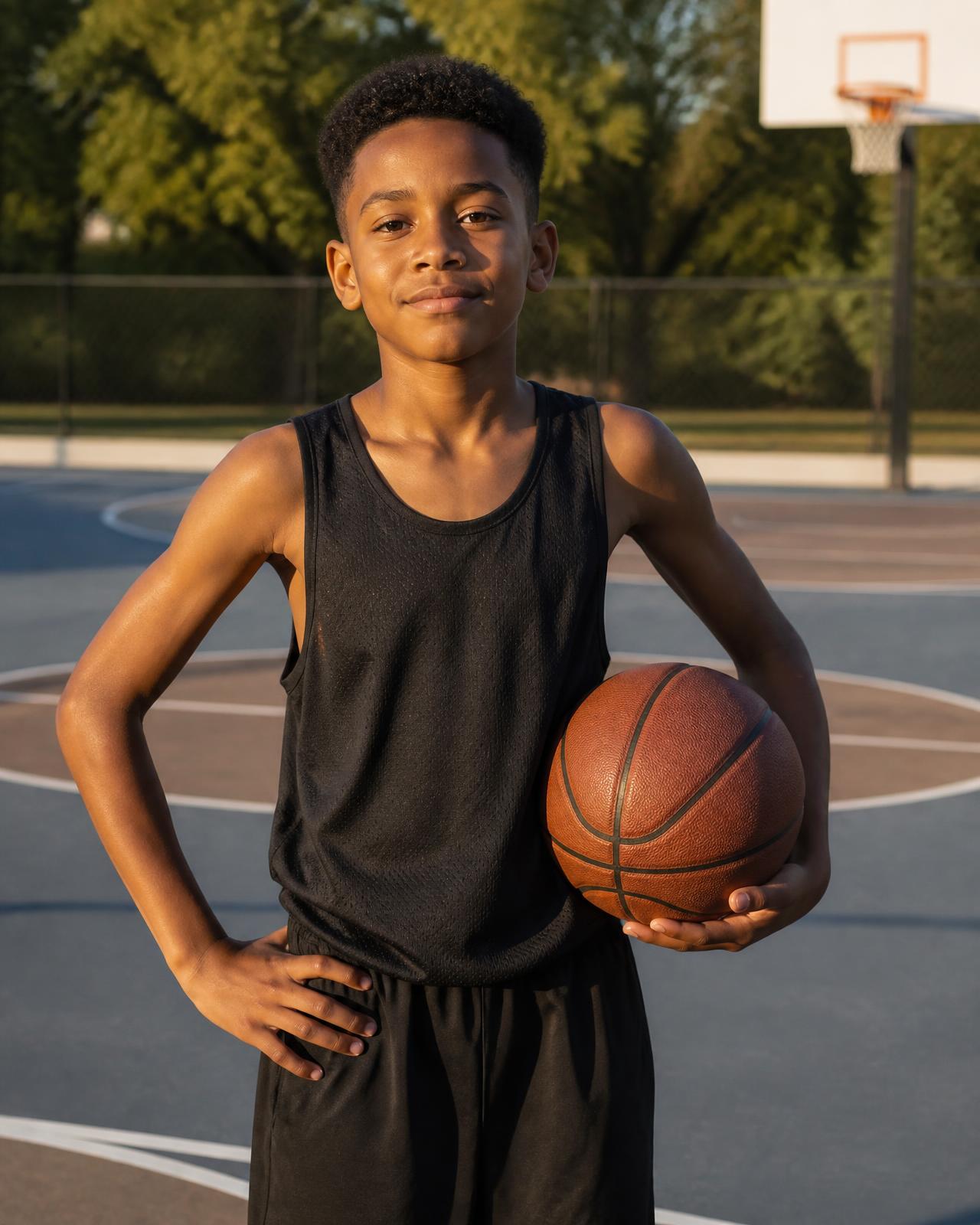 Young basketball player standing confidently with a ball