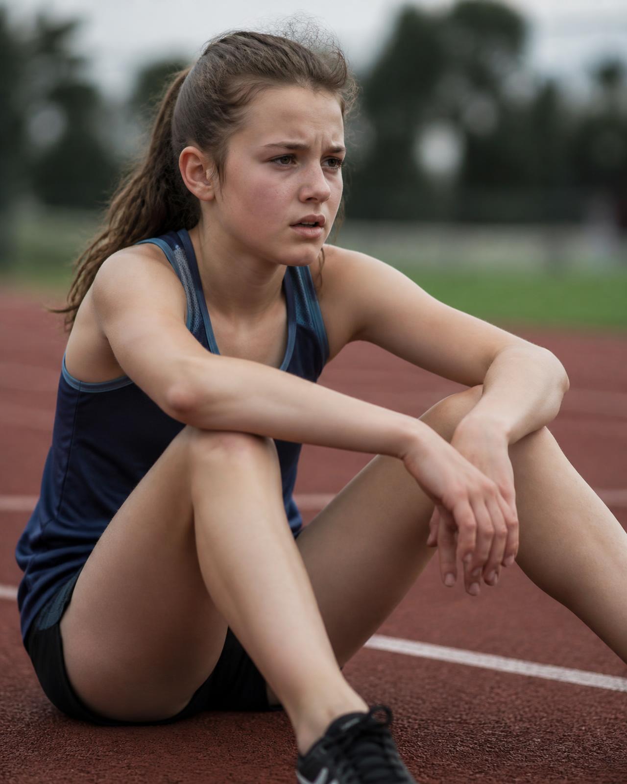 Young athlete sitting on a running track, catching her breath