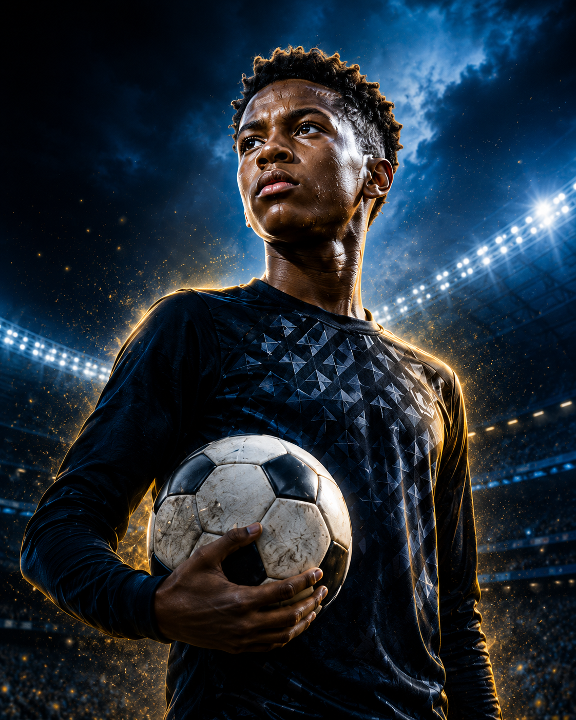 Young footballer holding a ball under stadium lights