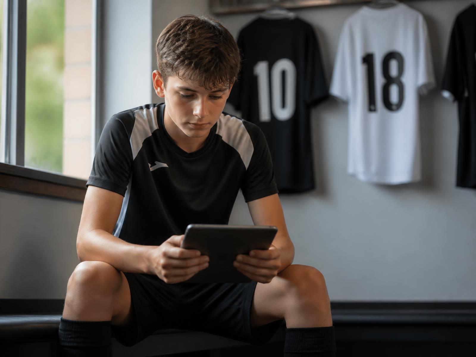 Young athlete sitting in a changing room, reading on a tablet